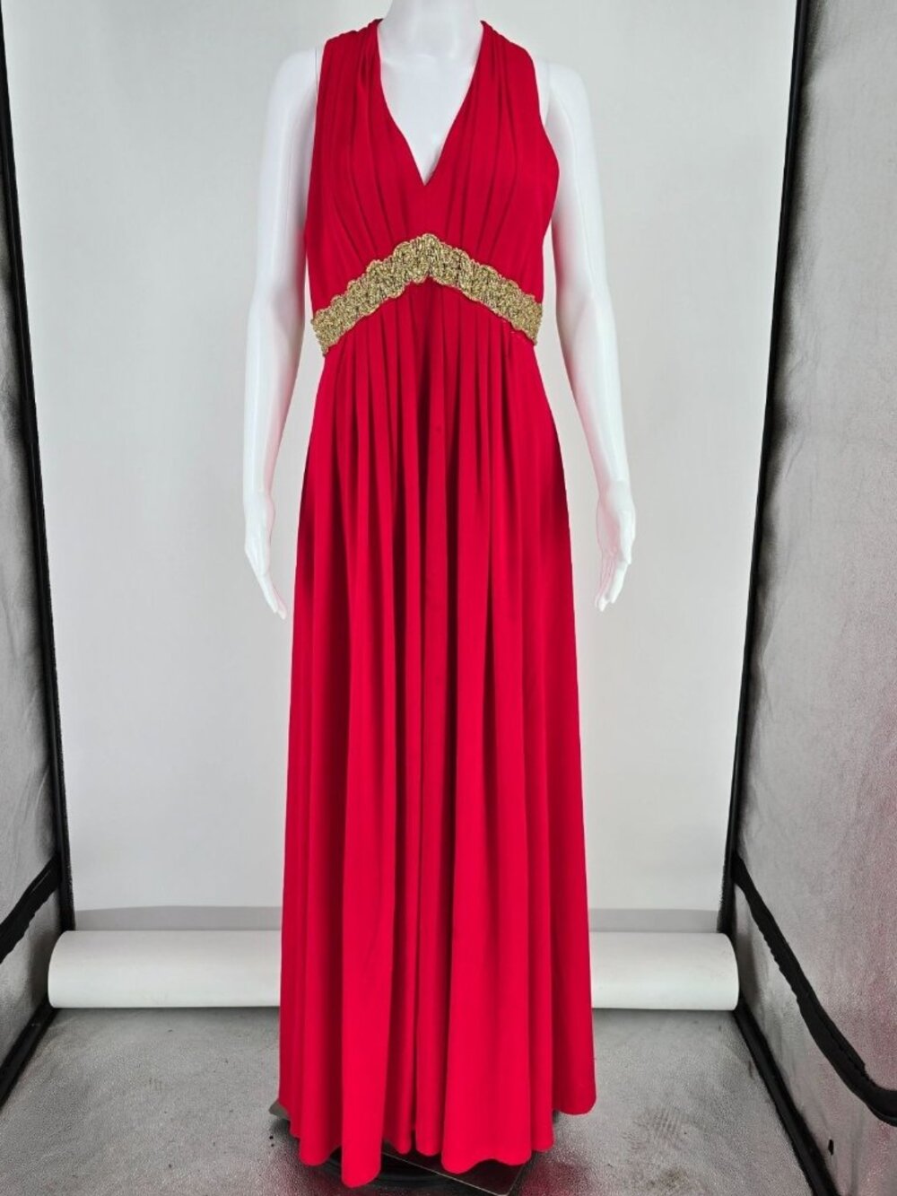 Vintage 1970s Julie Miller California Red Metallic Empire Waist Maxi Dress (M)